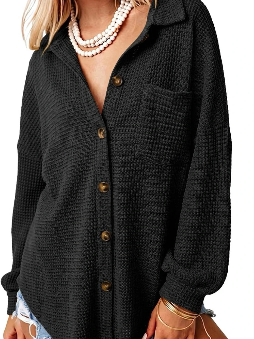 Black Button-Front Waffle Knit Shacket